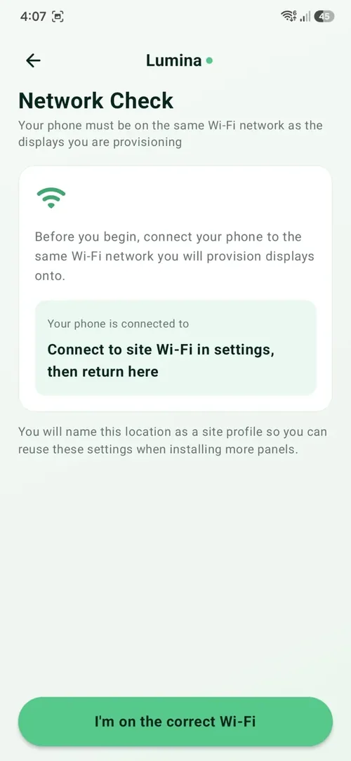 The Lumina app checking the phone is on the same network as the displays being set up
