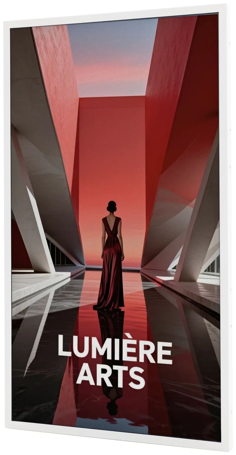 A Lumina display in a slim white frame showing a full-colour poster